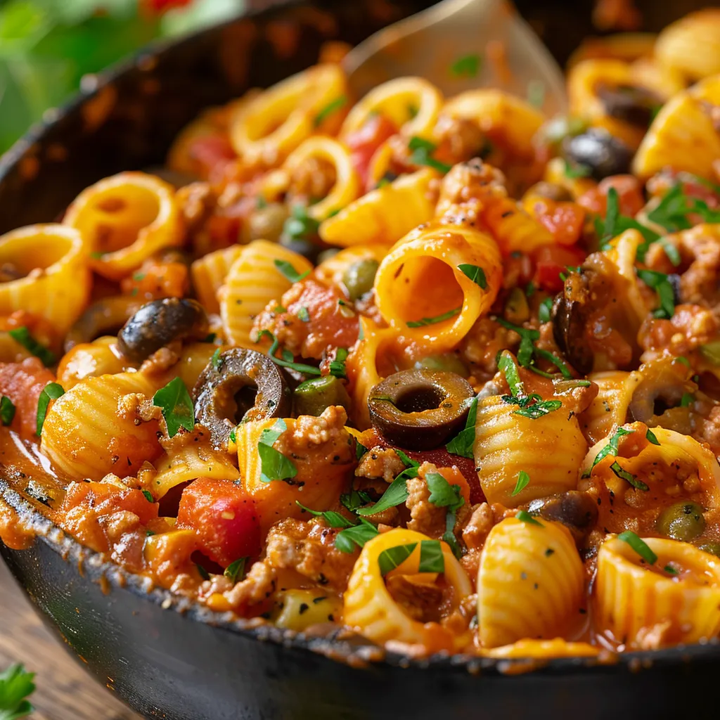 A bowl of pasta with meat and vegetables.
