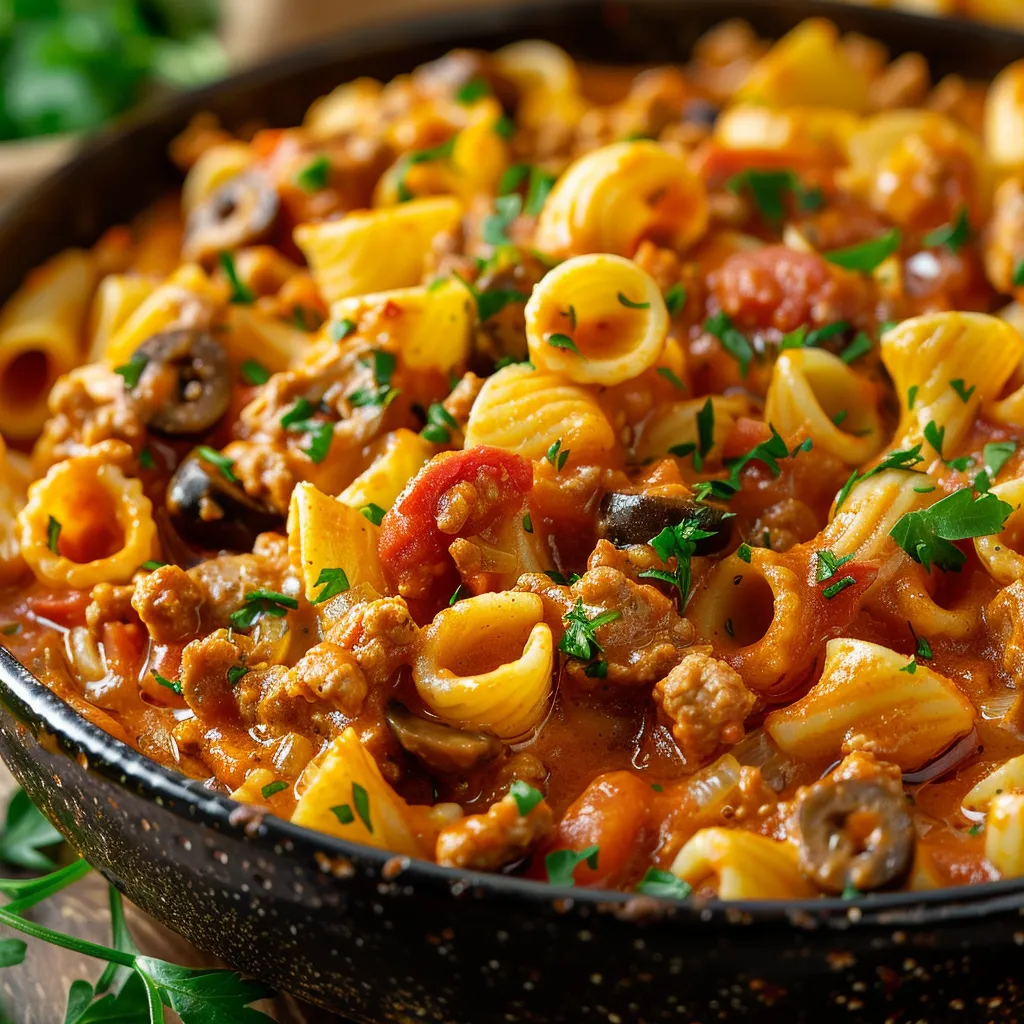 A bowl of pasta with meat and vegetables.