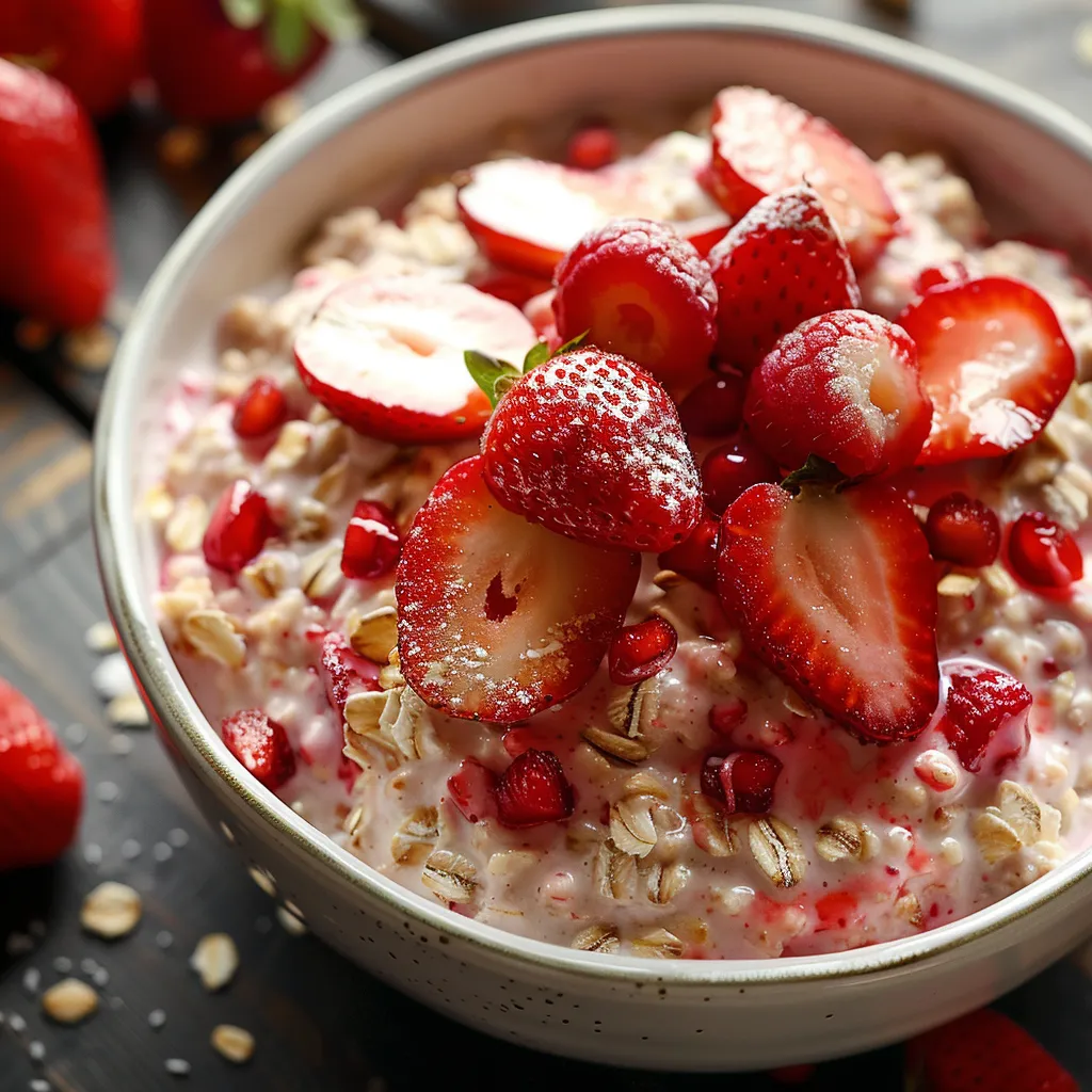 Granola bowl topped with strawberry slices.