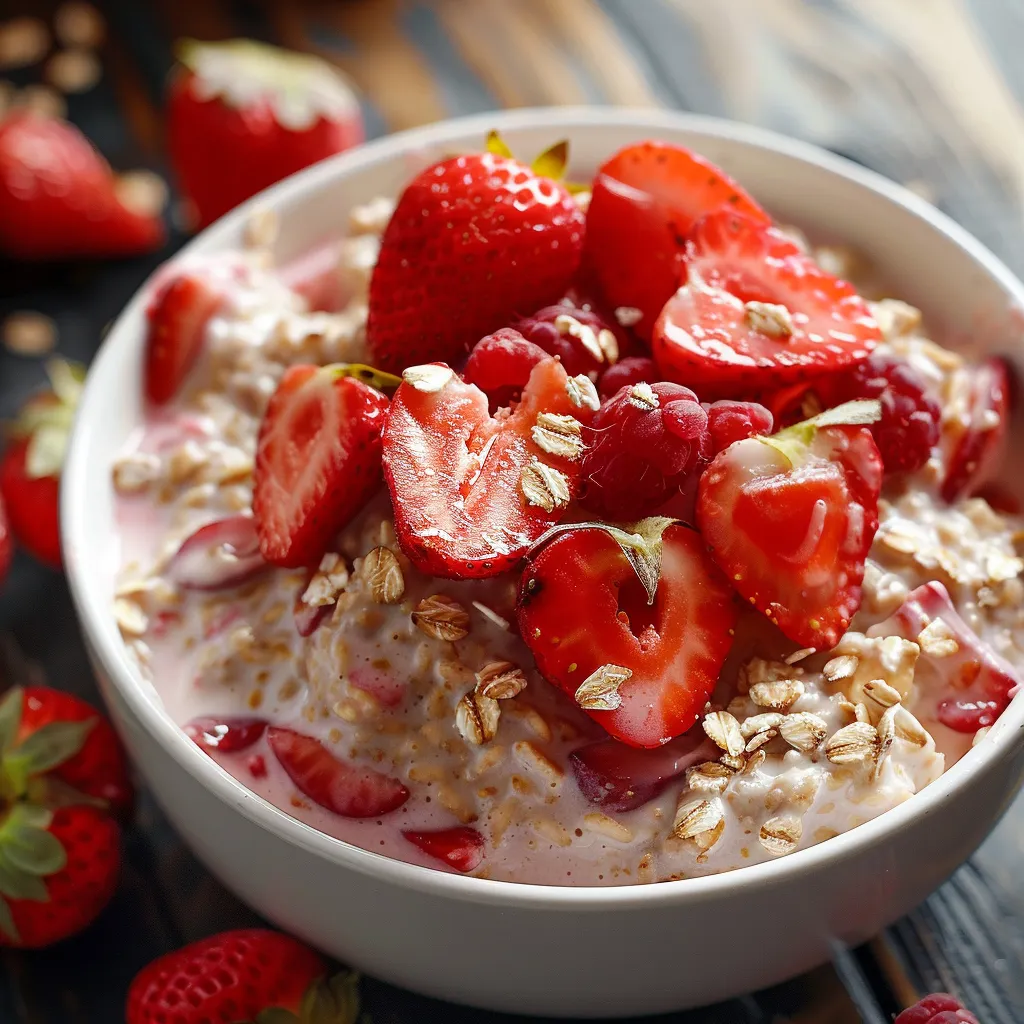 A bowl of granola with strawberries.