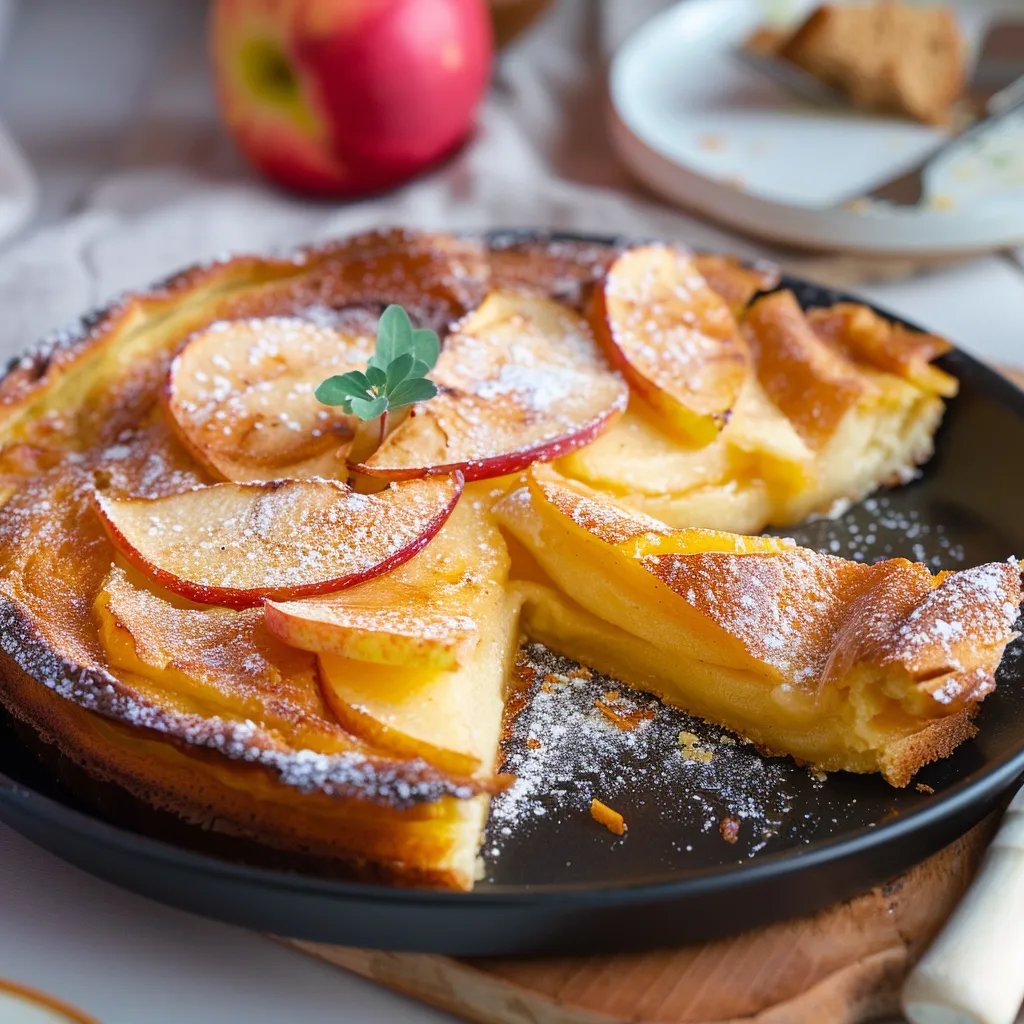 Warm baked pancake slice with apples.