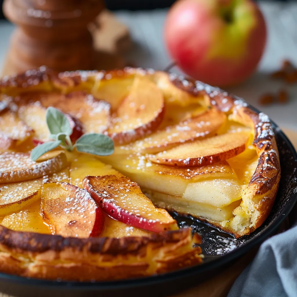 A slice of apple pie with a leaf on top.