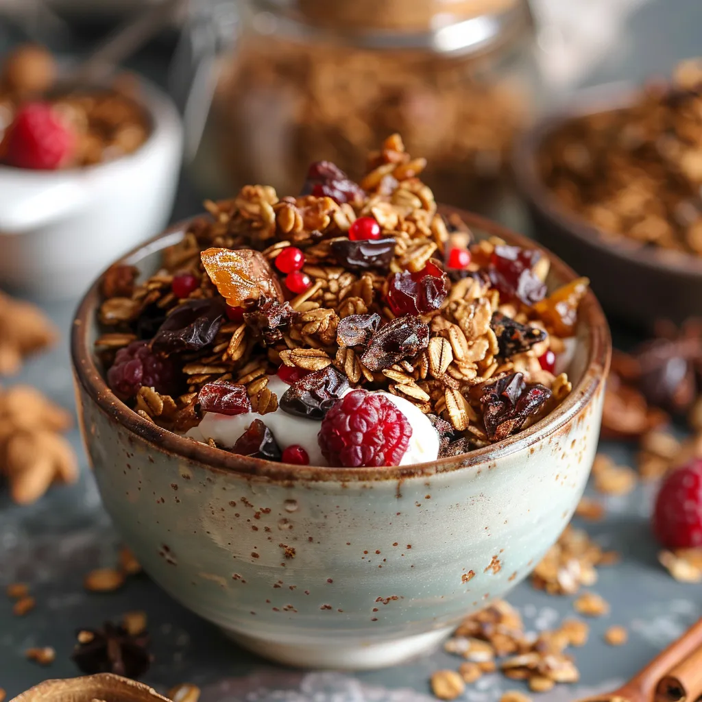 Bowl filled with granola, fresh berries, and a dollop of yogurt.