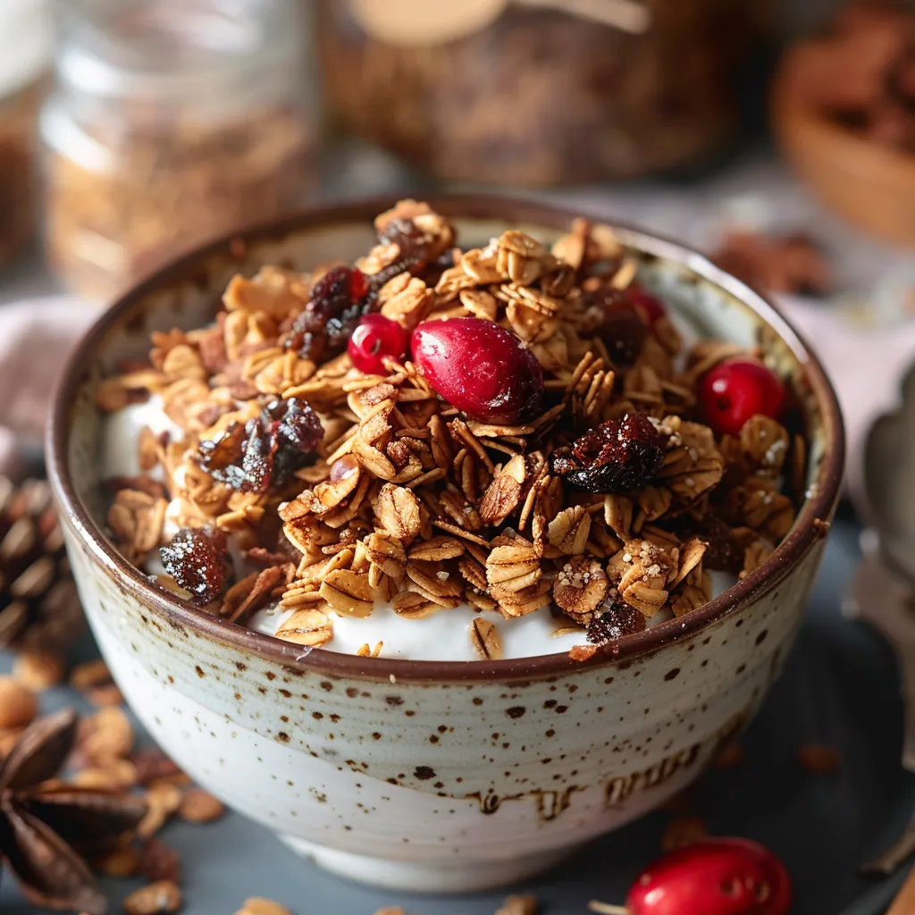A bowl of granola with berries.