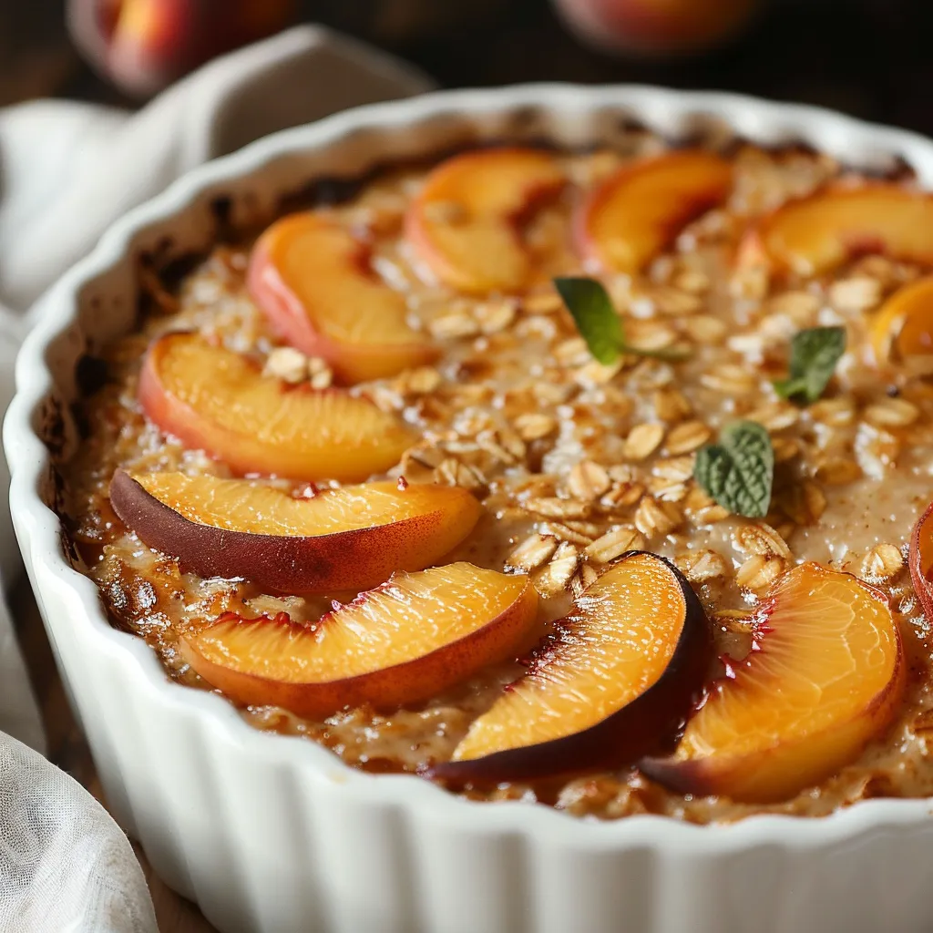 A white bowl filled with peaches and oatmeal.