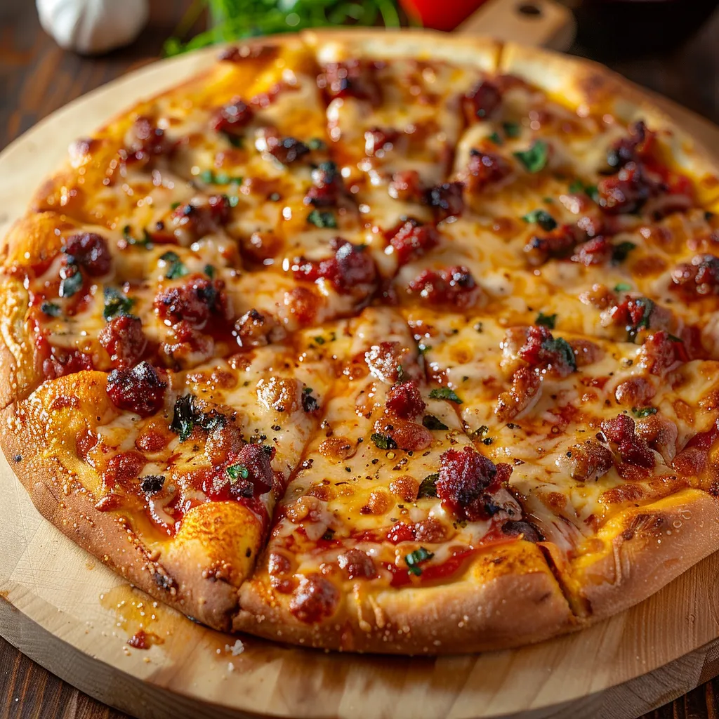 A pizza topped with meat and bubbling cheese on a rustic wooden surface.
