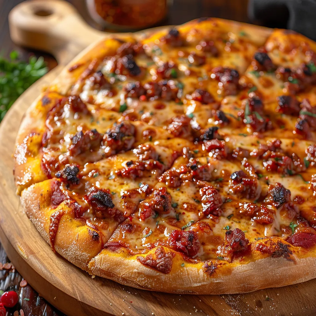 A pizza with meat and cheese on a wooden board.