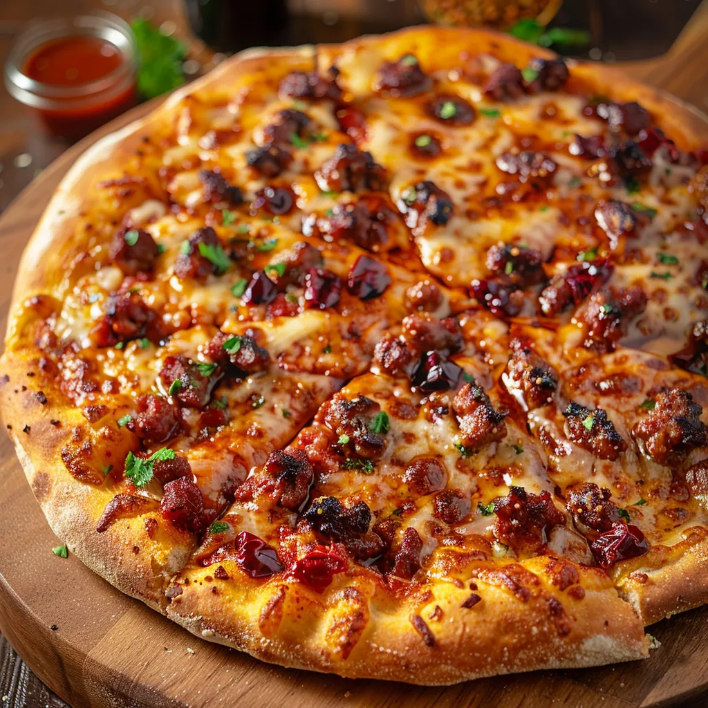 A pizza with meat and cheese on a wooden table.