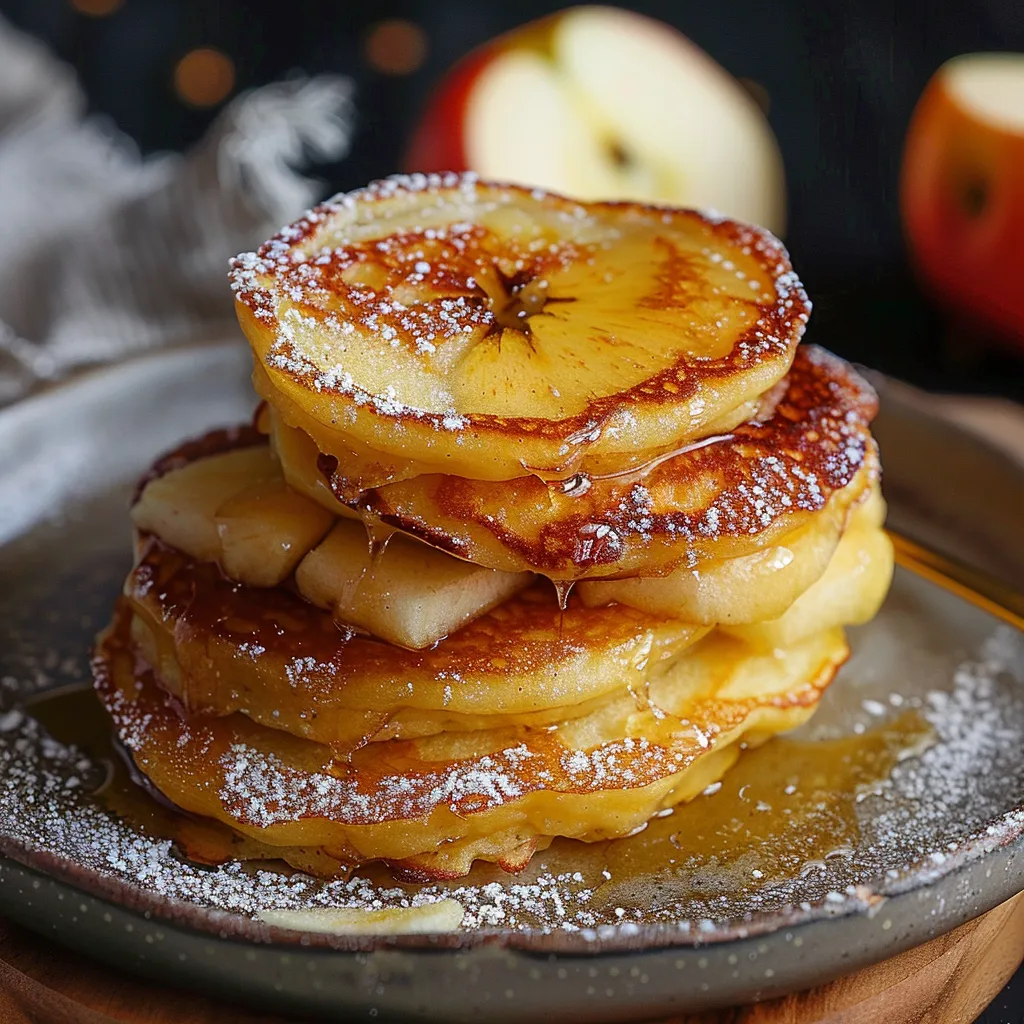 Fluffy pancakes with caramelized apple rings stacked on a plate.