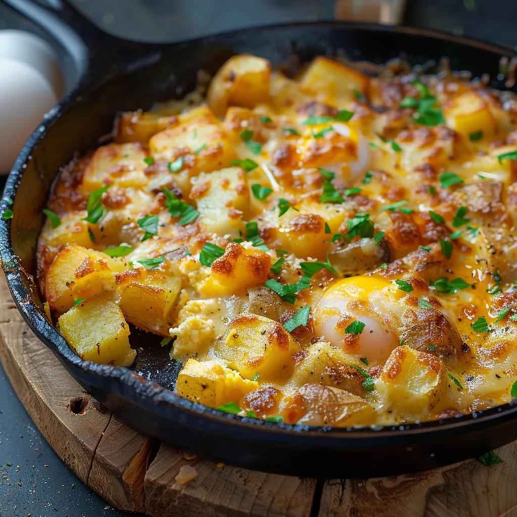 A skillet of food with a fried egg on top.