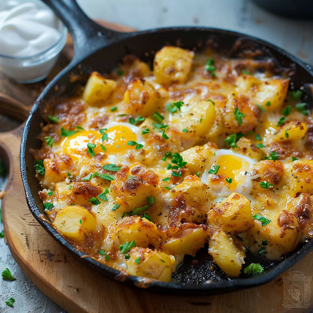 A pan of food with eggs and potatoes.
