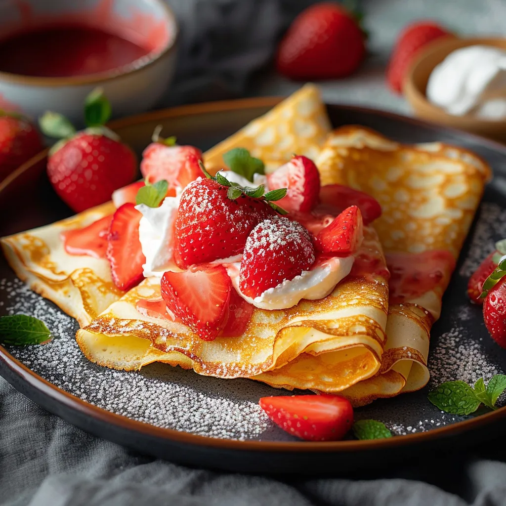 A plate of food with strawberries and whipped cream.