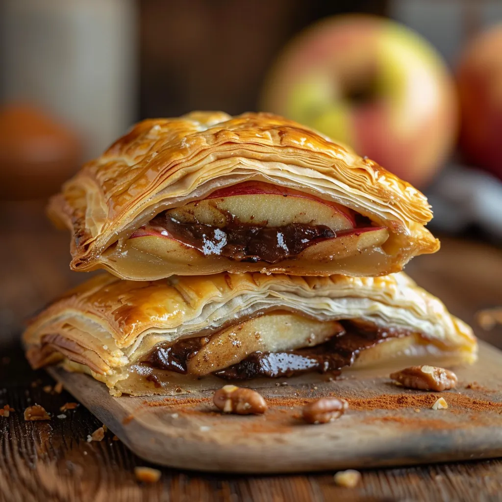 Flaky pastry filled with apple and chocolate.