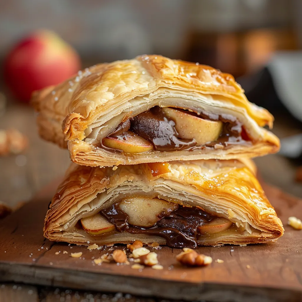 A pastry with apple filling and chocolate sauce.