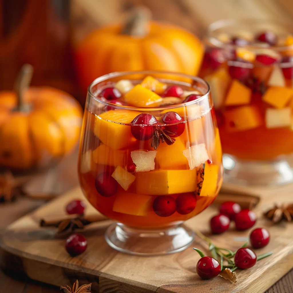 Two glasses of a colorful fruit and pumpkin drink on a table.