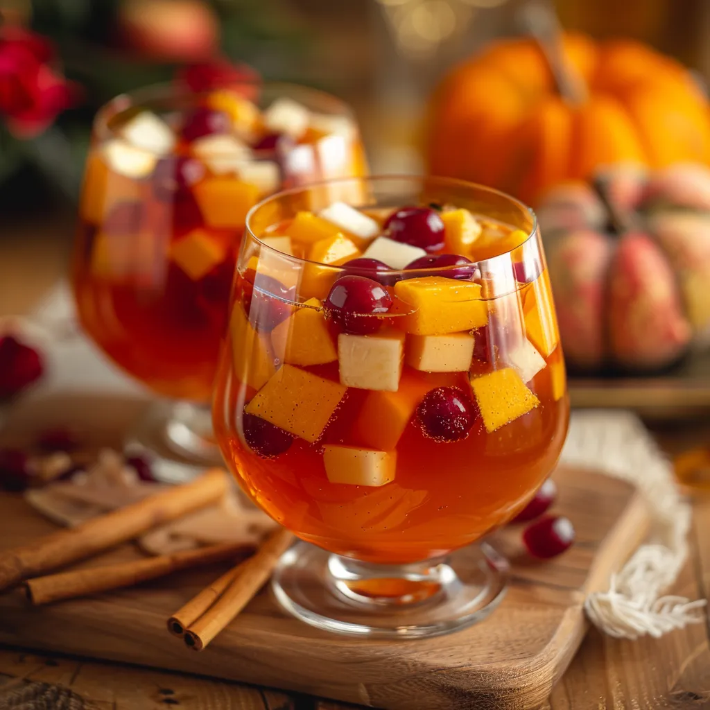 Two glasses of fruit cocktail on a table.