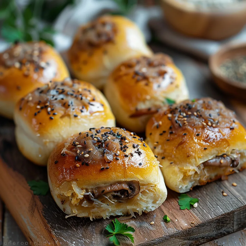 A wooden cutting board with six bread rolls on it.