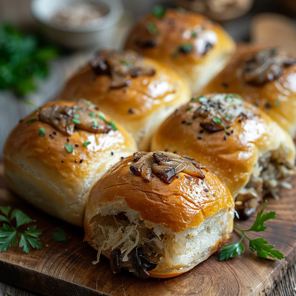 A plate of bread with onions and mushrooms.