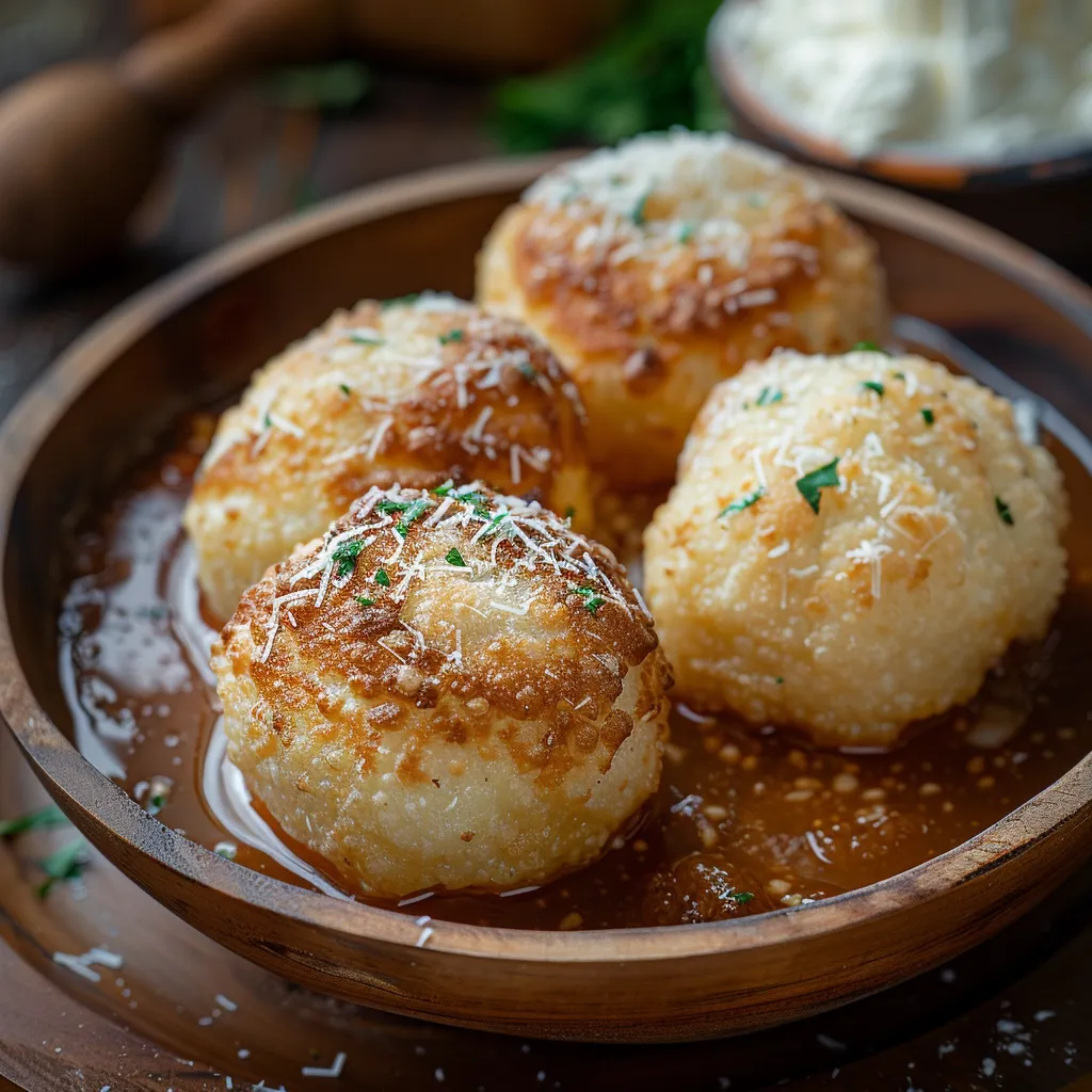 A bowl of delicious dumplings with a spoon.