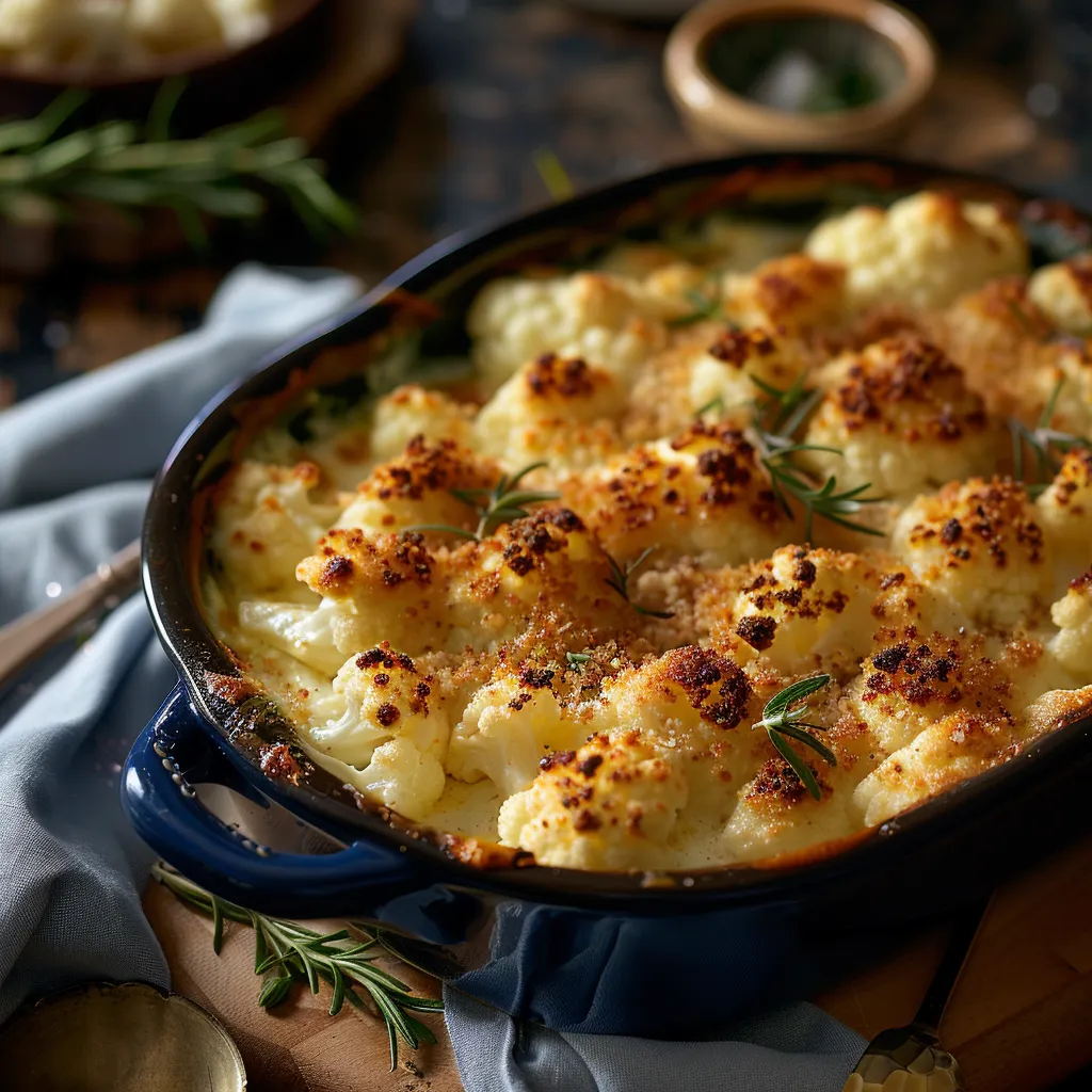 A cheesy baked cauliflower topped with herbs.