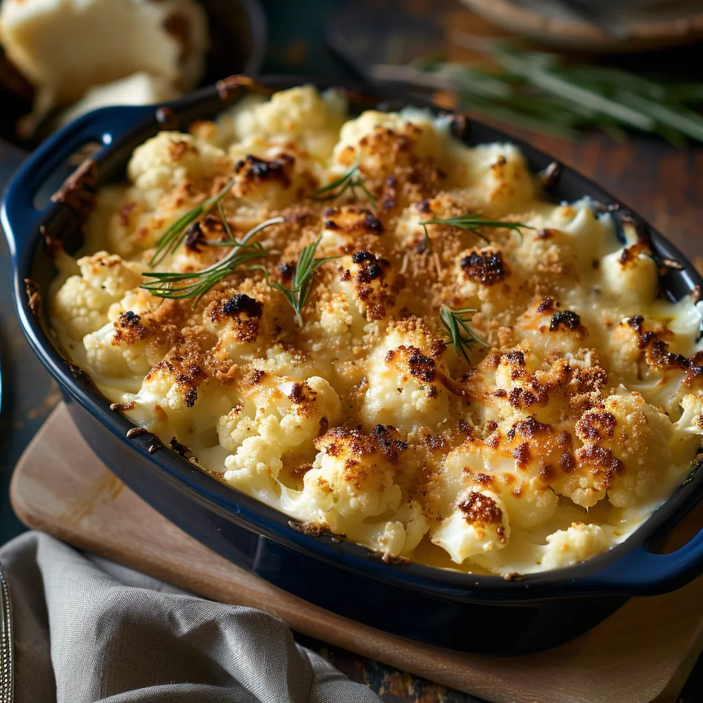 A bowl of cauliflower with cheese and herbs.