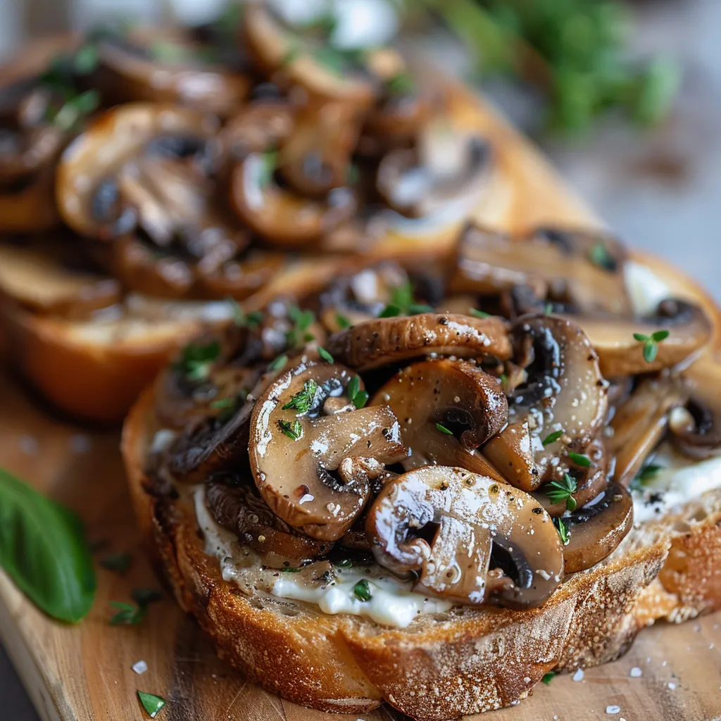 A mushroom sandwich on a wooden cutting board.