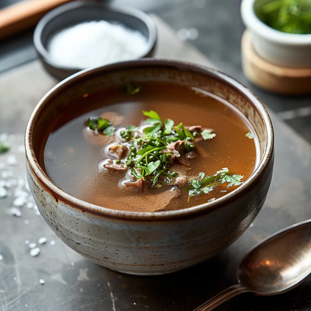A bowl of soup with a spoon in it.
