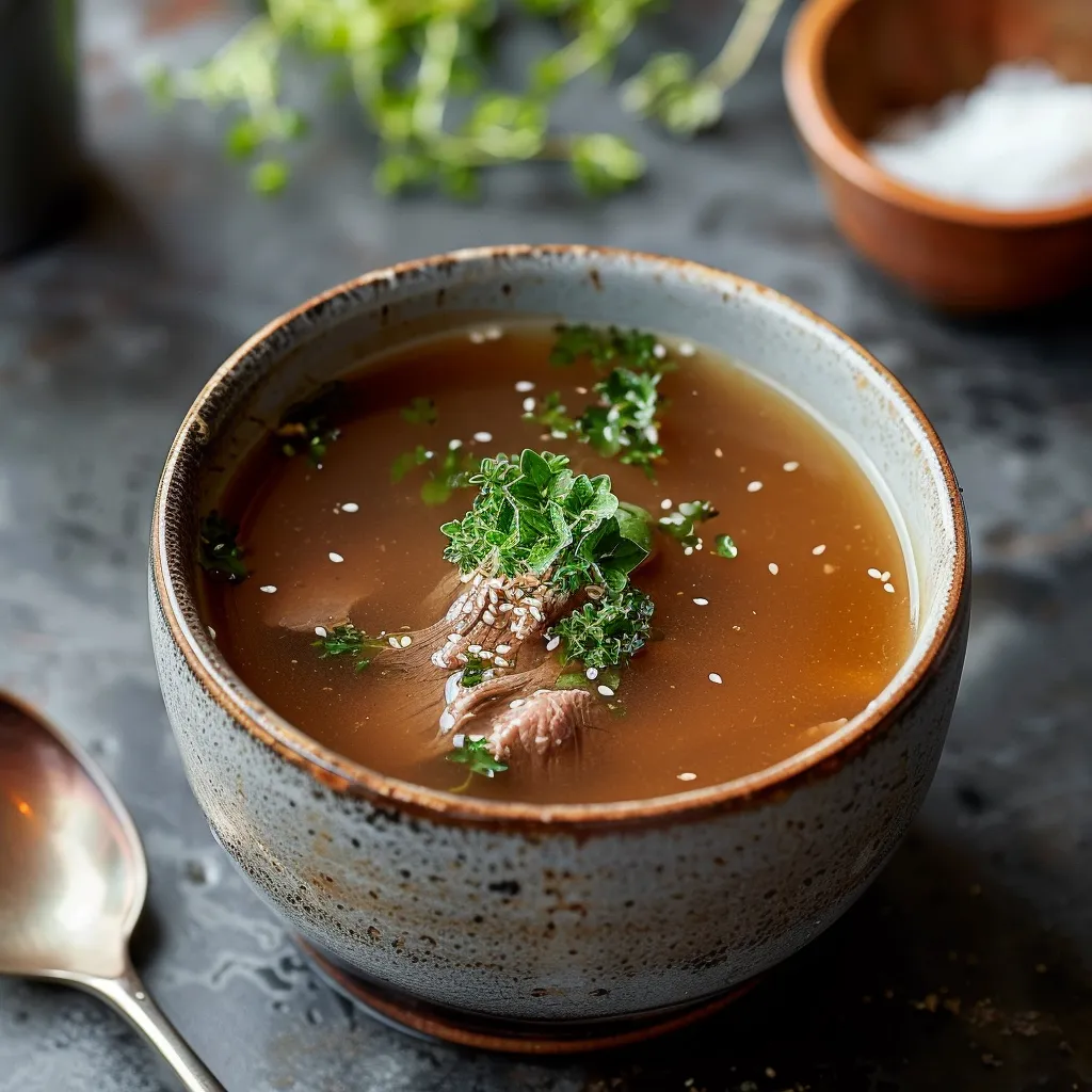 A bowl of soup with herbs and meat.