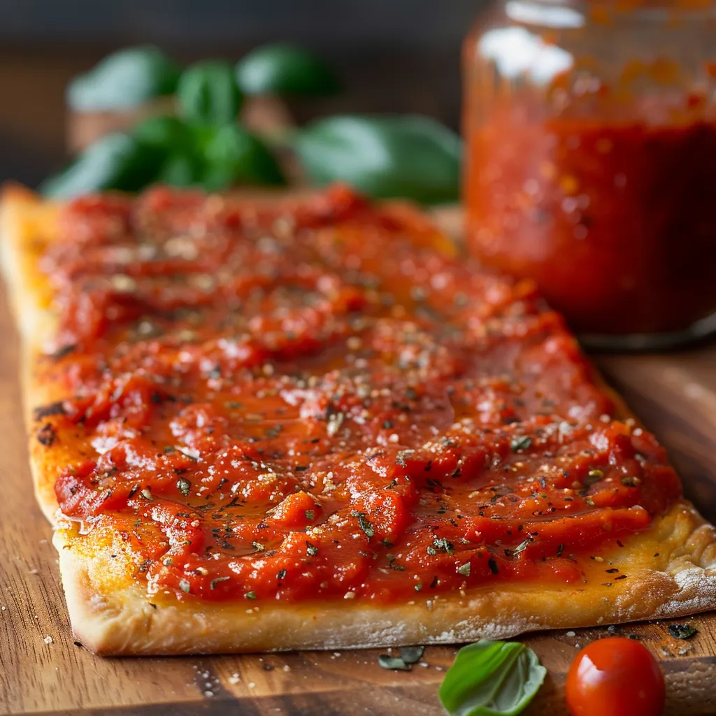 A pizza with tomato sauce and basil.