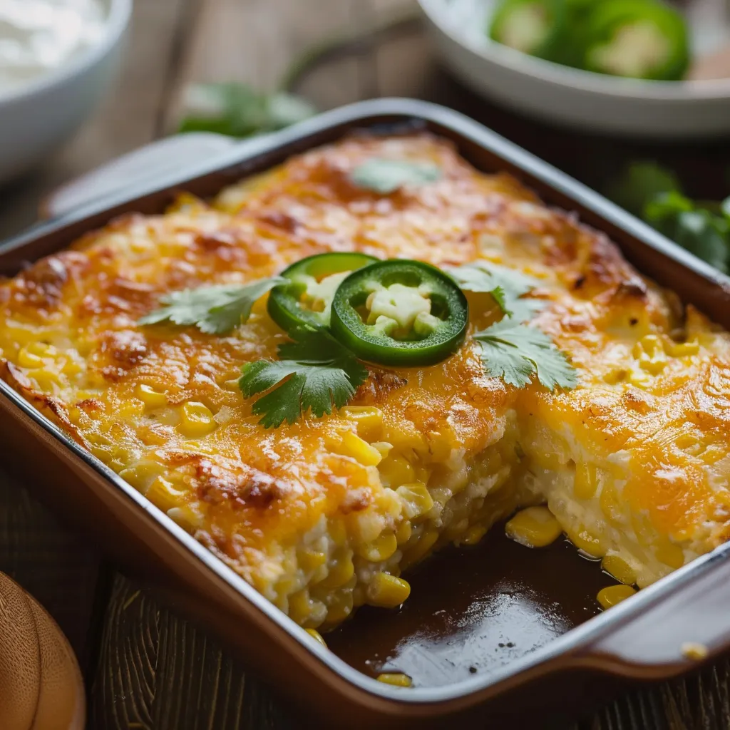 Cheesy dish with golden corn topping.
