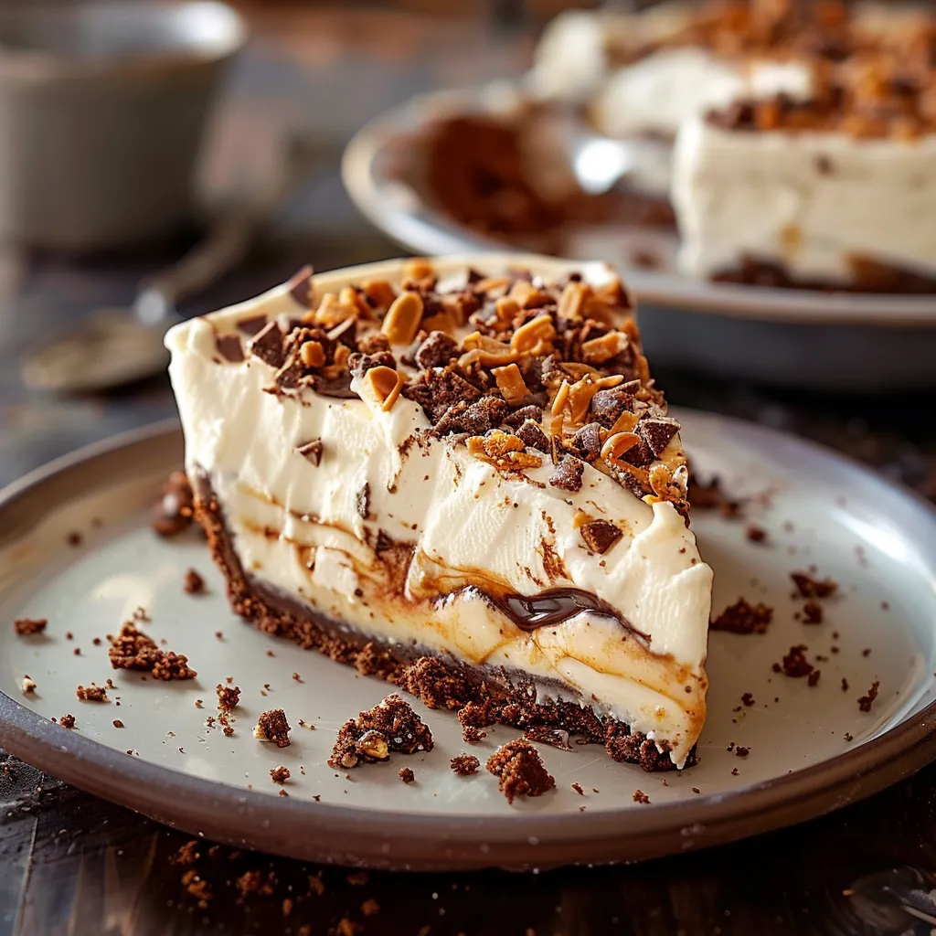 A plate with a slice of chocolate and caramel pie topped with nuts.