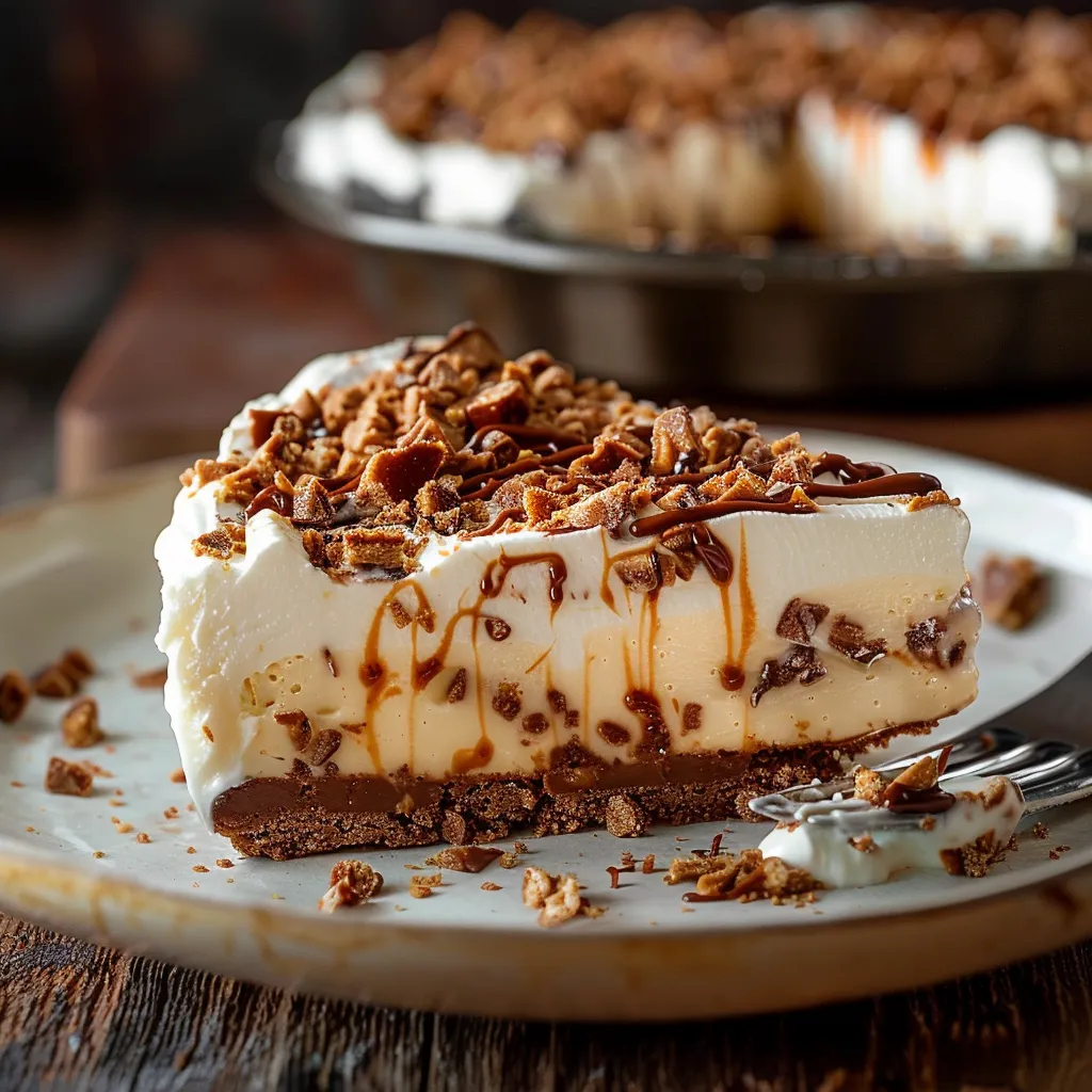 A slice of pie with caramel drizzled on top.