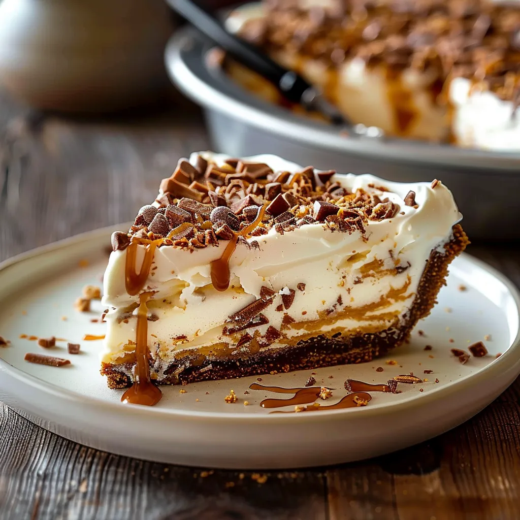 A piece of pie with chocolate drizzled on top.