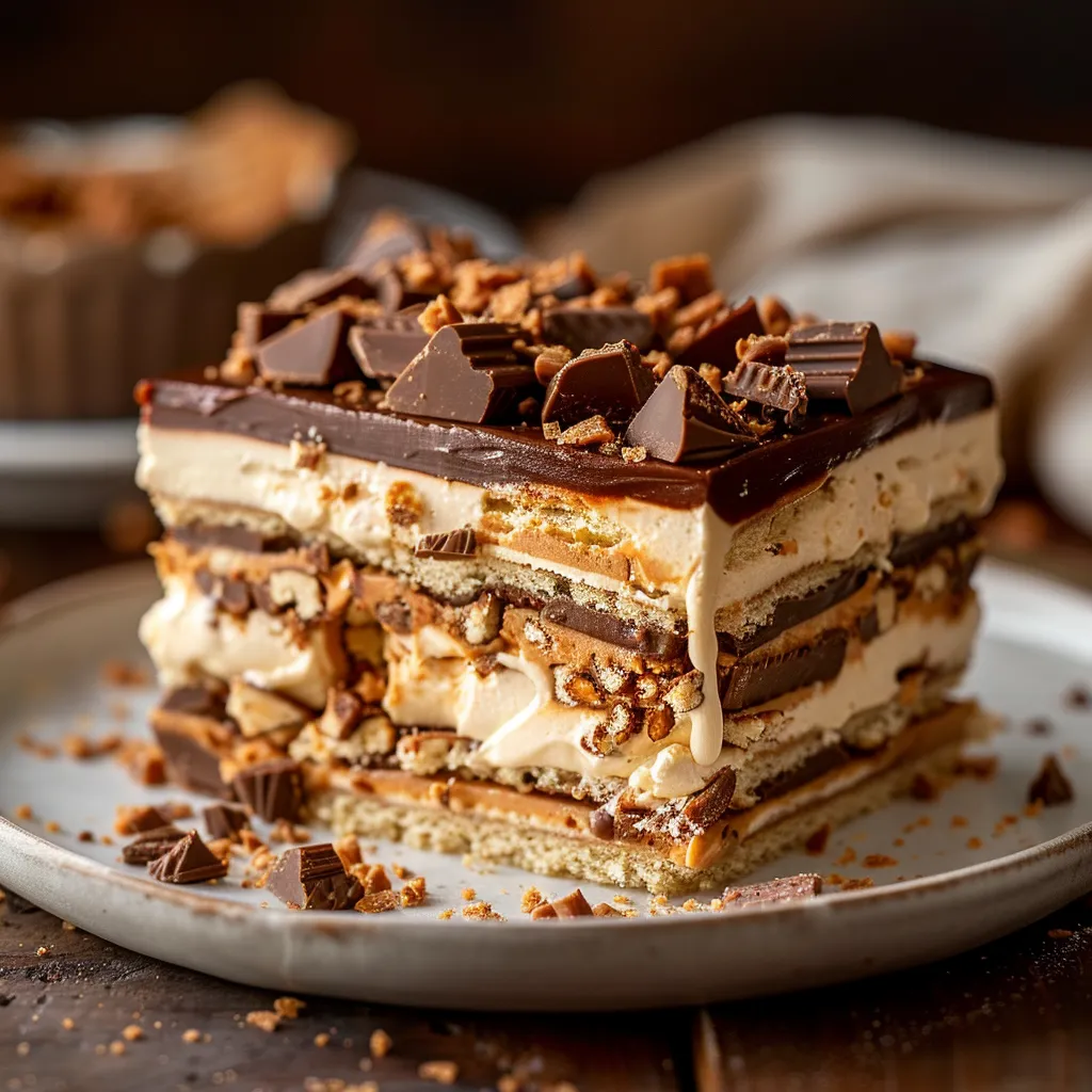 Chocolate peanut butter cake slice with nuts on top.