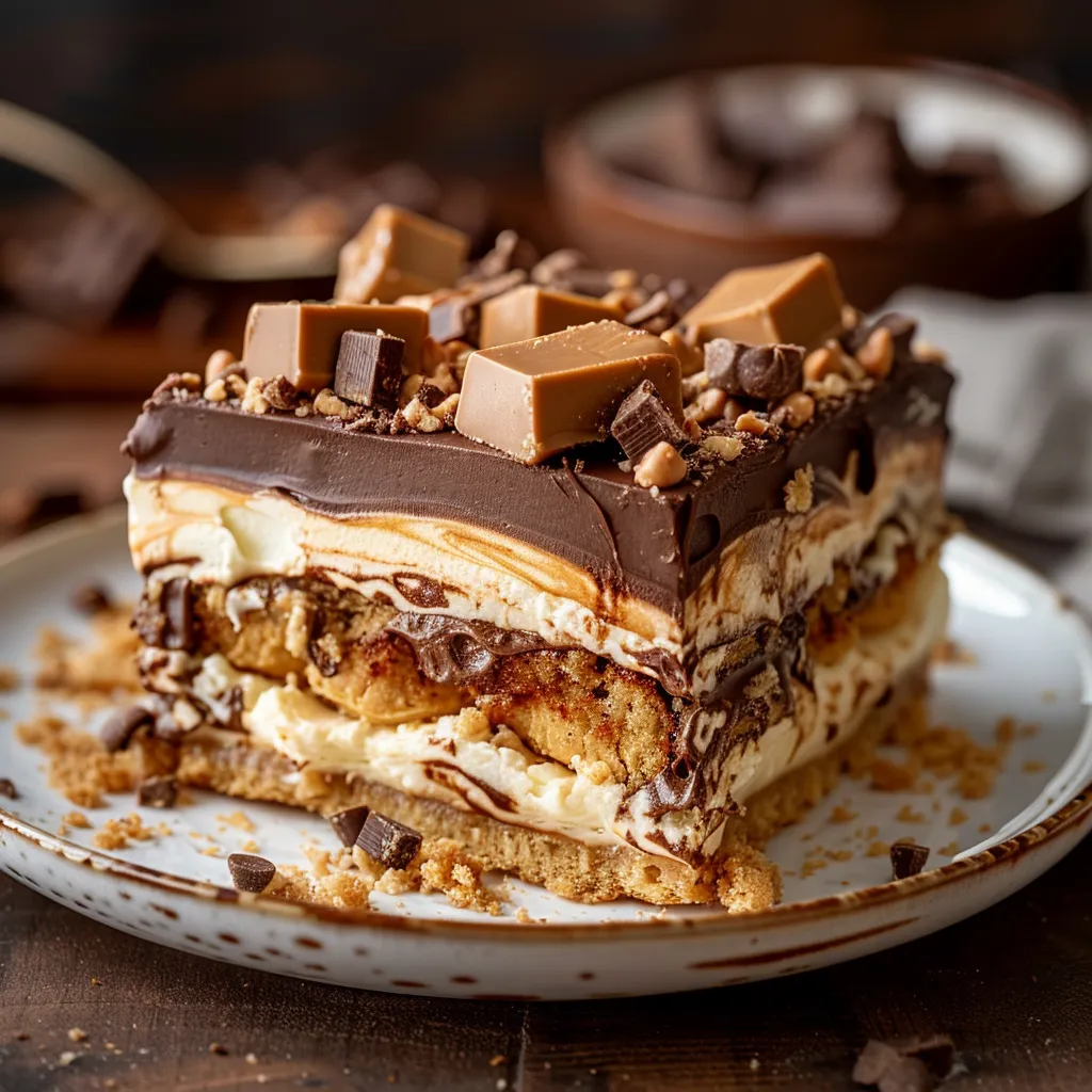 A slice of cake with chocolate and peanut butter toppings.