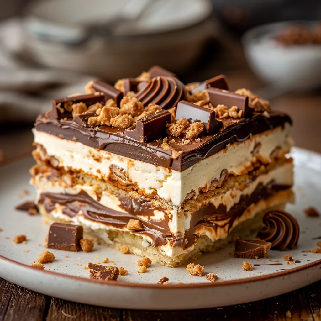 A slice of cake with chocolate and nuts.