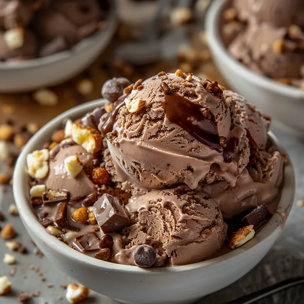 A creamy bowl with chocolate, marshmallows, and nuts on top.