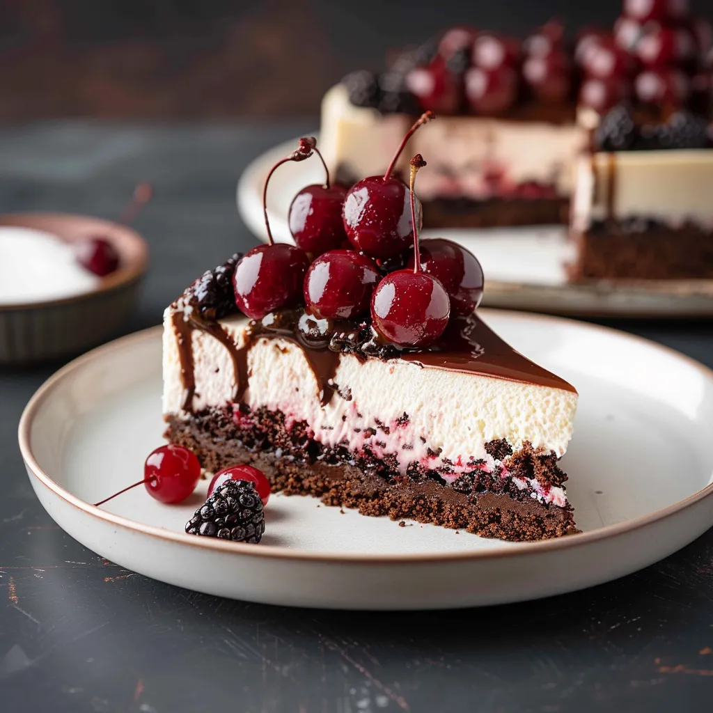 A piece of chocolate cake topped with cherries.