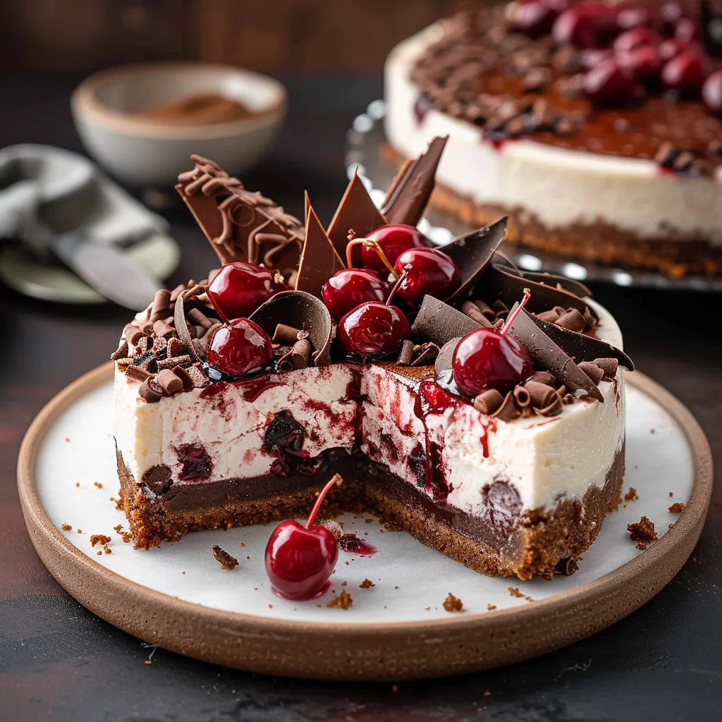 A slice of cake with chocolate and cherries.