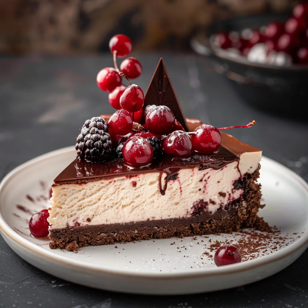 A slice of cake with cherries and chocolate.