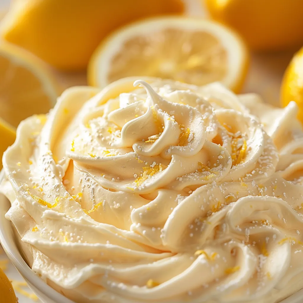 A bowl of whipped cream with lemon slices.