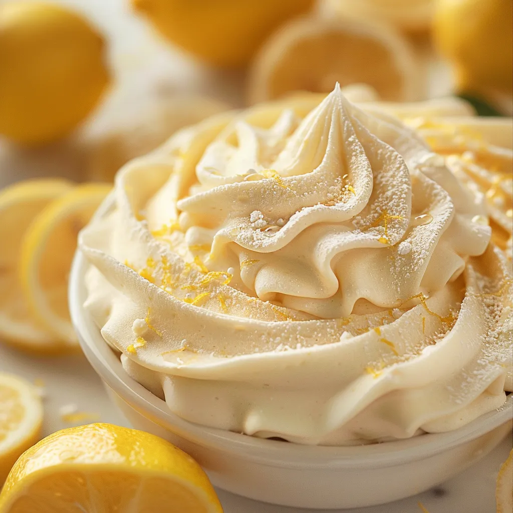 A bowl of whipped cream with lemon slices on top.
