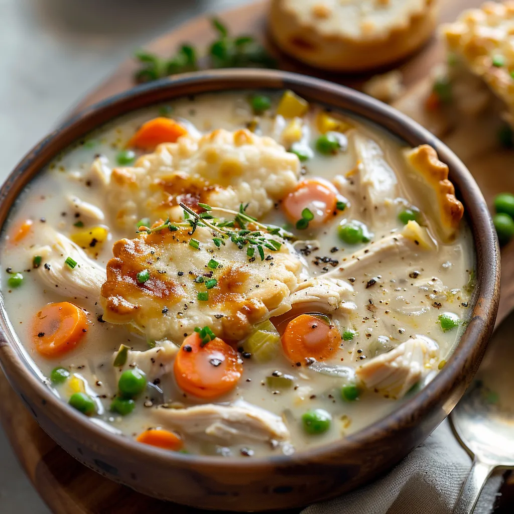 A soup bowl filled with veggies and tender chicken.