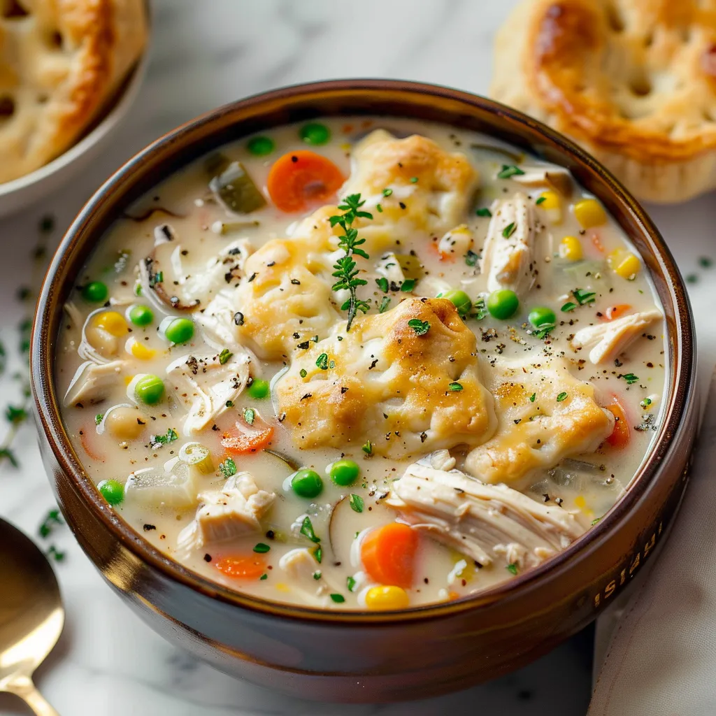 A bowl of soup with chicken and vegetables.