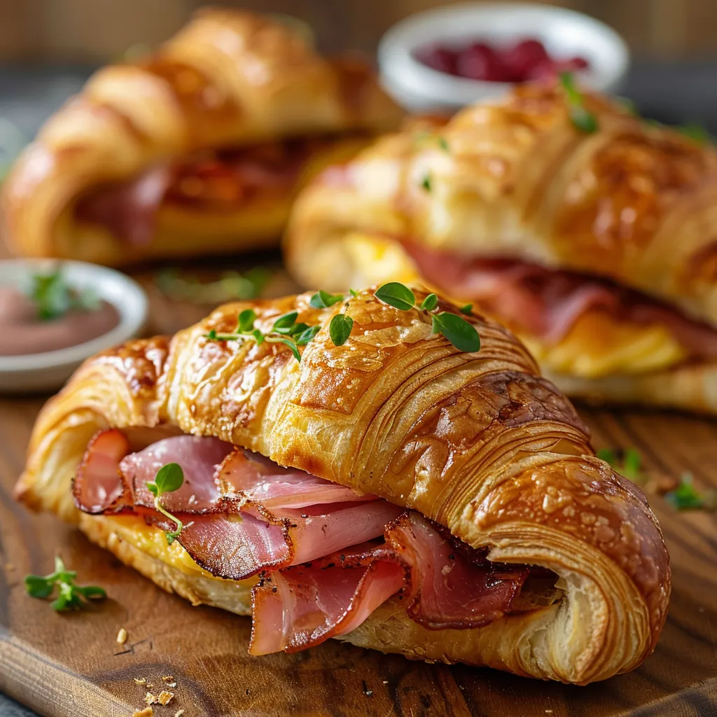 A golden croissant filled with ham, cheese, and eggs.