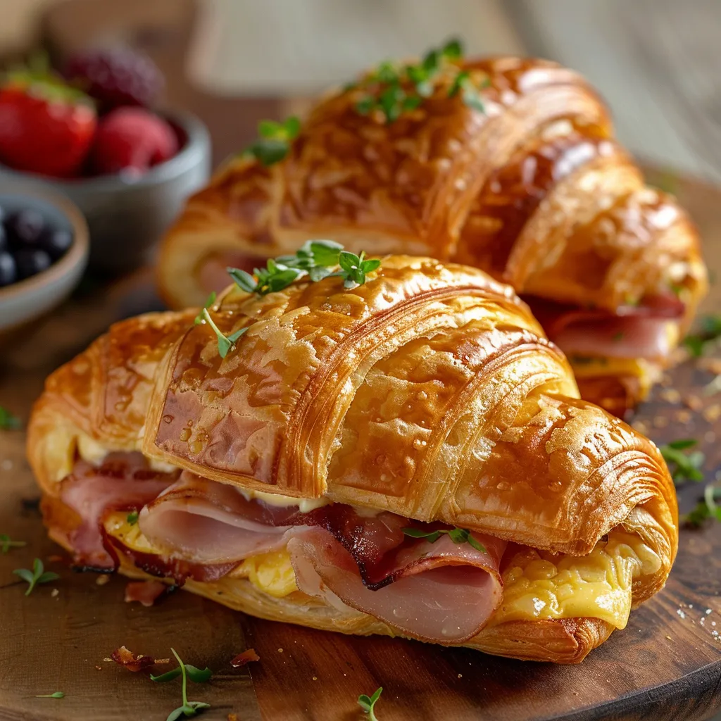 Two croissants with ham and cheese on a wooden table.
