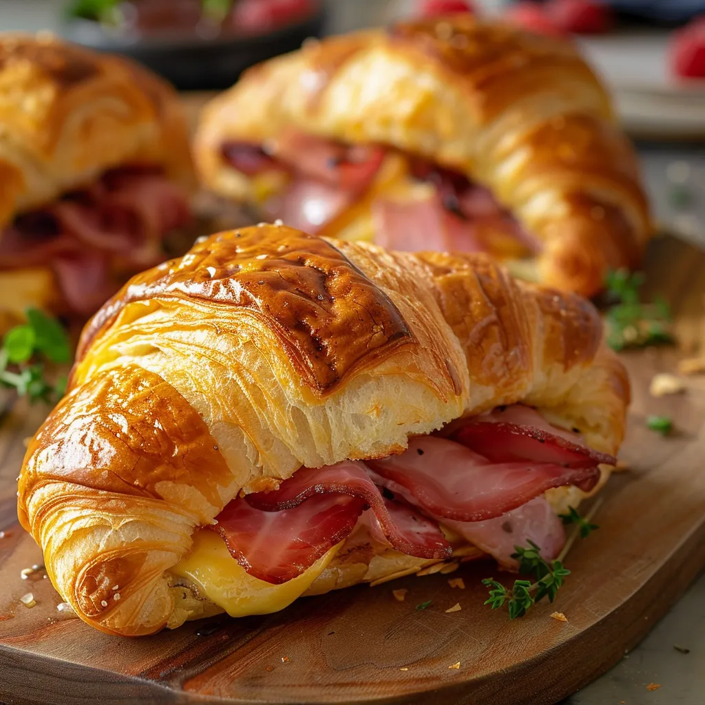 A croissant sandwich with ham and cheese.
