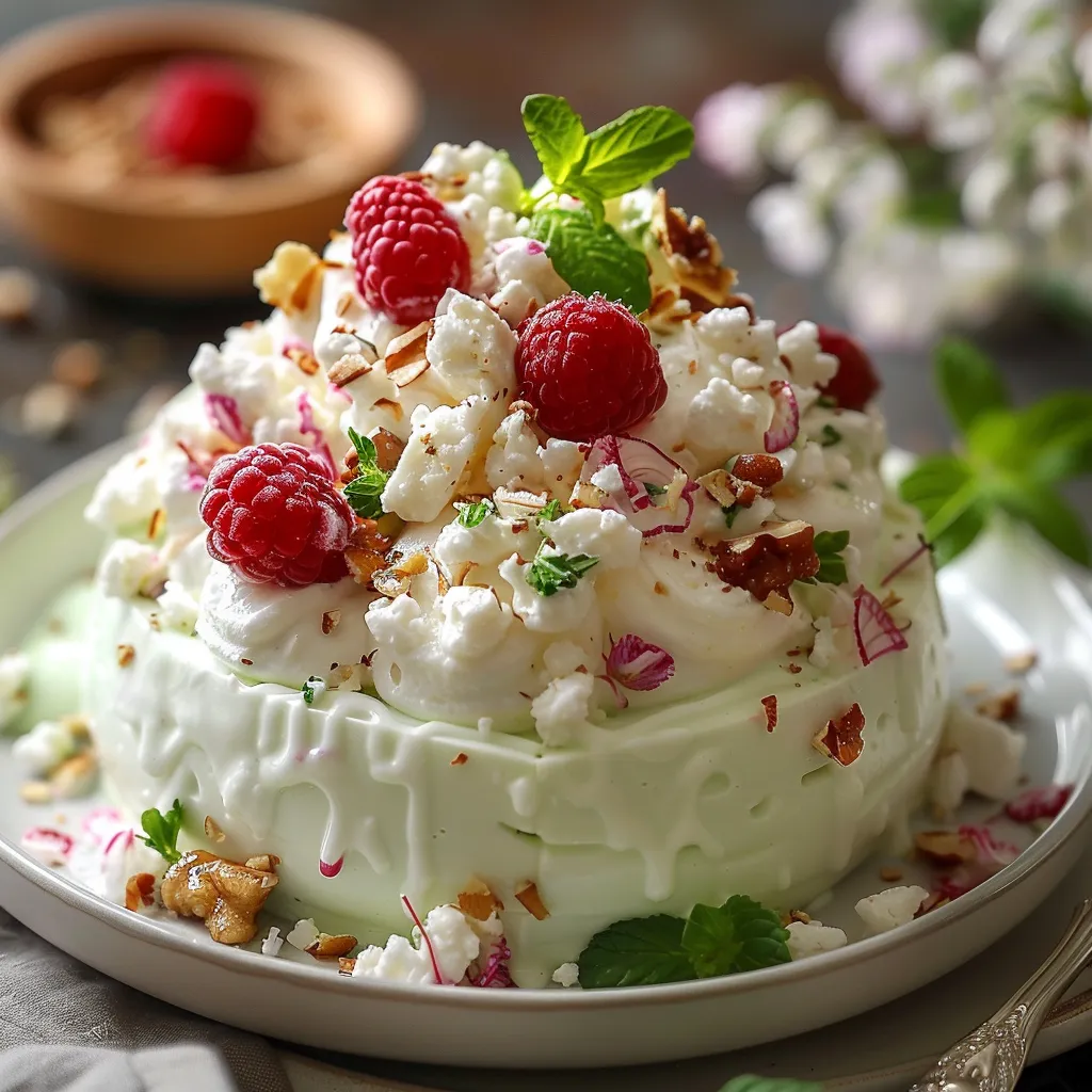 A white bowl filled with dessert topped with fresh raspberries.