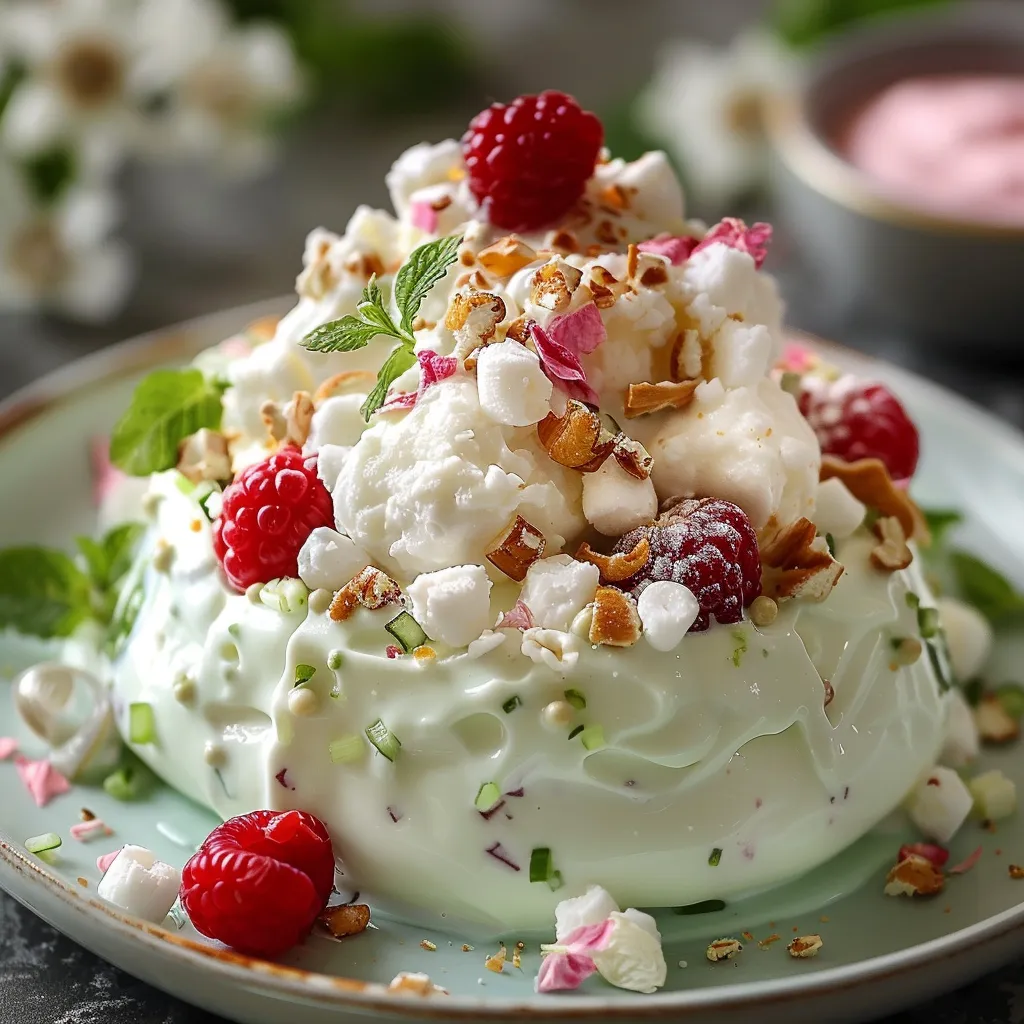 A white dessert with raspberries and mint.
