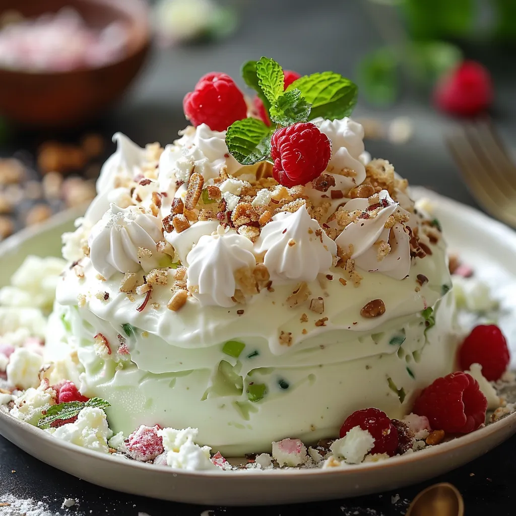 A white cake with raspberries and mint.